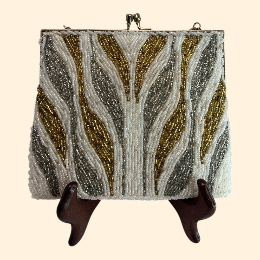 1960s Vintage Gold Silver White Beaded Handbag with Chain Handle